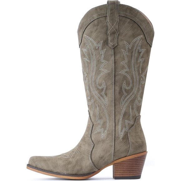 Women's Gray Chunky Heel Mid Calf Snip Toe Western Elegance Embroidery Boots - Picture 4 of 5